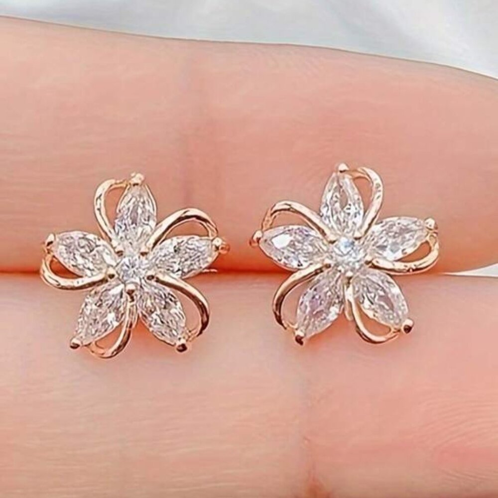 Flower-Shaped Stud Earrings with Silver Stones